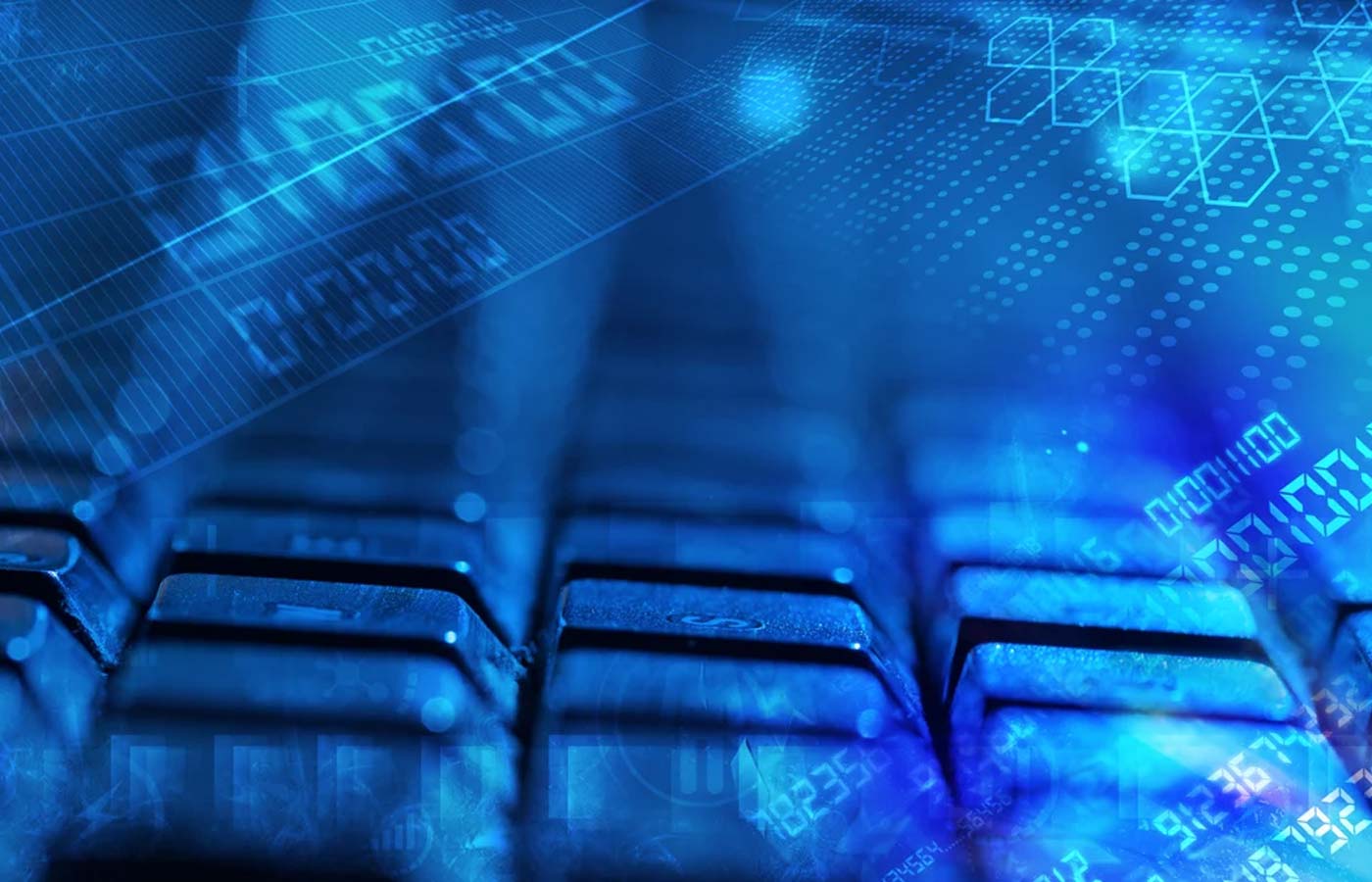 Computer keyboard with glowing codes, programming concept